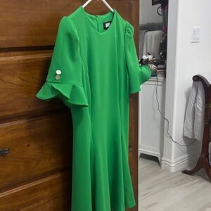 DKNY Vibrant Green Midi Dress with Flared Sleeves